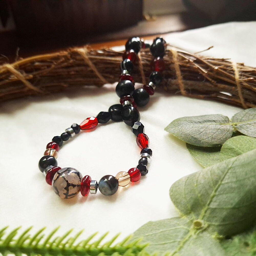 Whimsigoth Spiderweb Agate Choker Necklace, Black Onyx, Jasper, & Ruby Red Glass - Picture 8 of 12